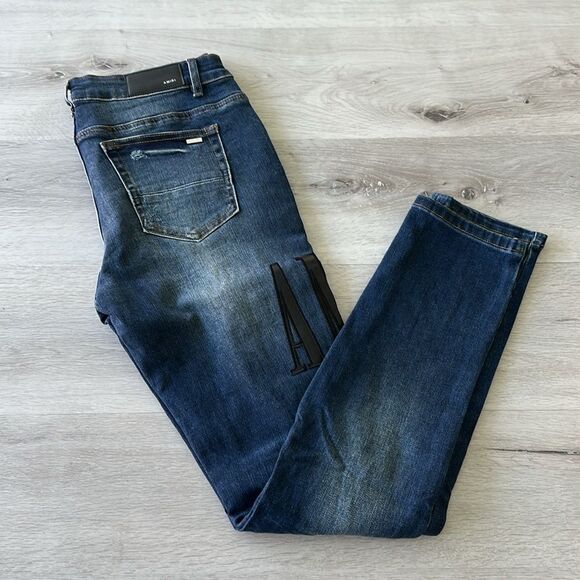 AMIRI Skinny-Fit Leather Appliquéd Distressed Jeans Blue/Black 32 NWT - Picture 9 of 16